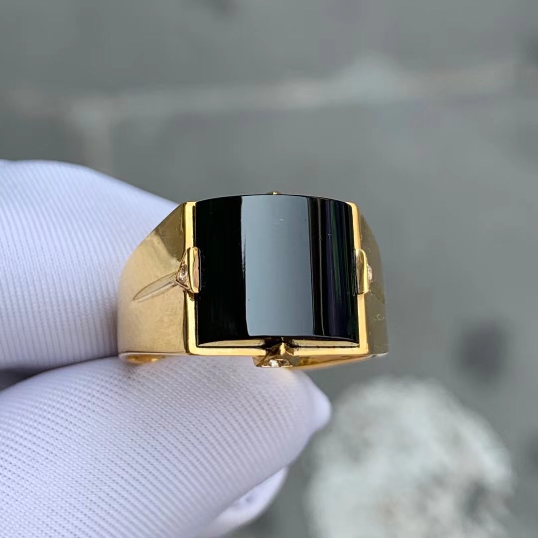 凝墨为翠家天然缅甸翡翠18k黄金镶嵌冰种墨翠瓦片男士戒指