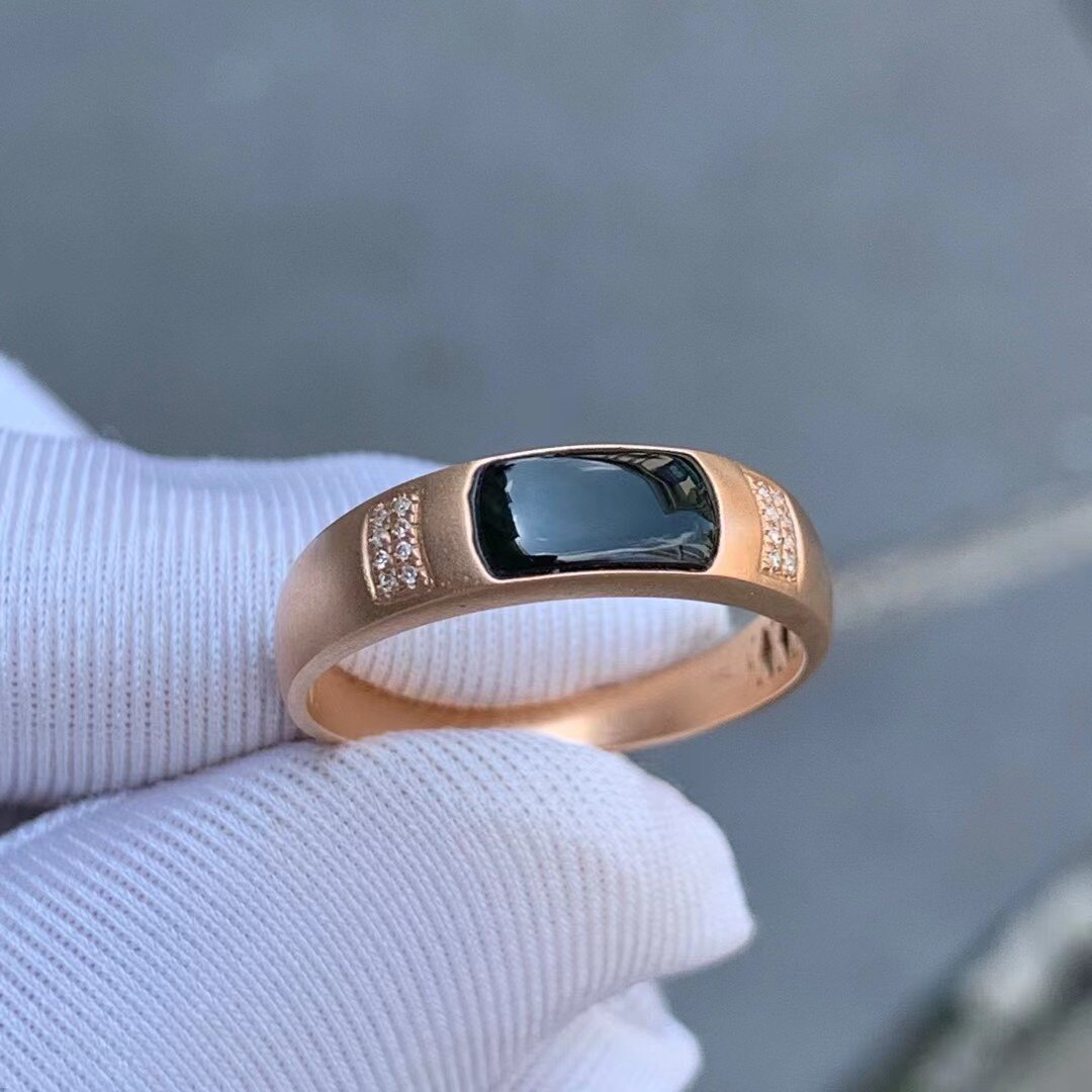 凝墨为翠家天然缅甸翡翠18k玫瑰金镶嵌墨翠指环款男士戒指