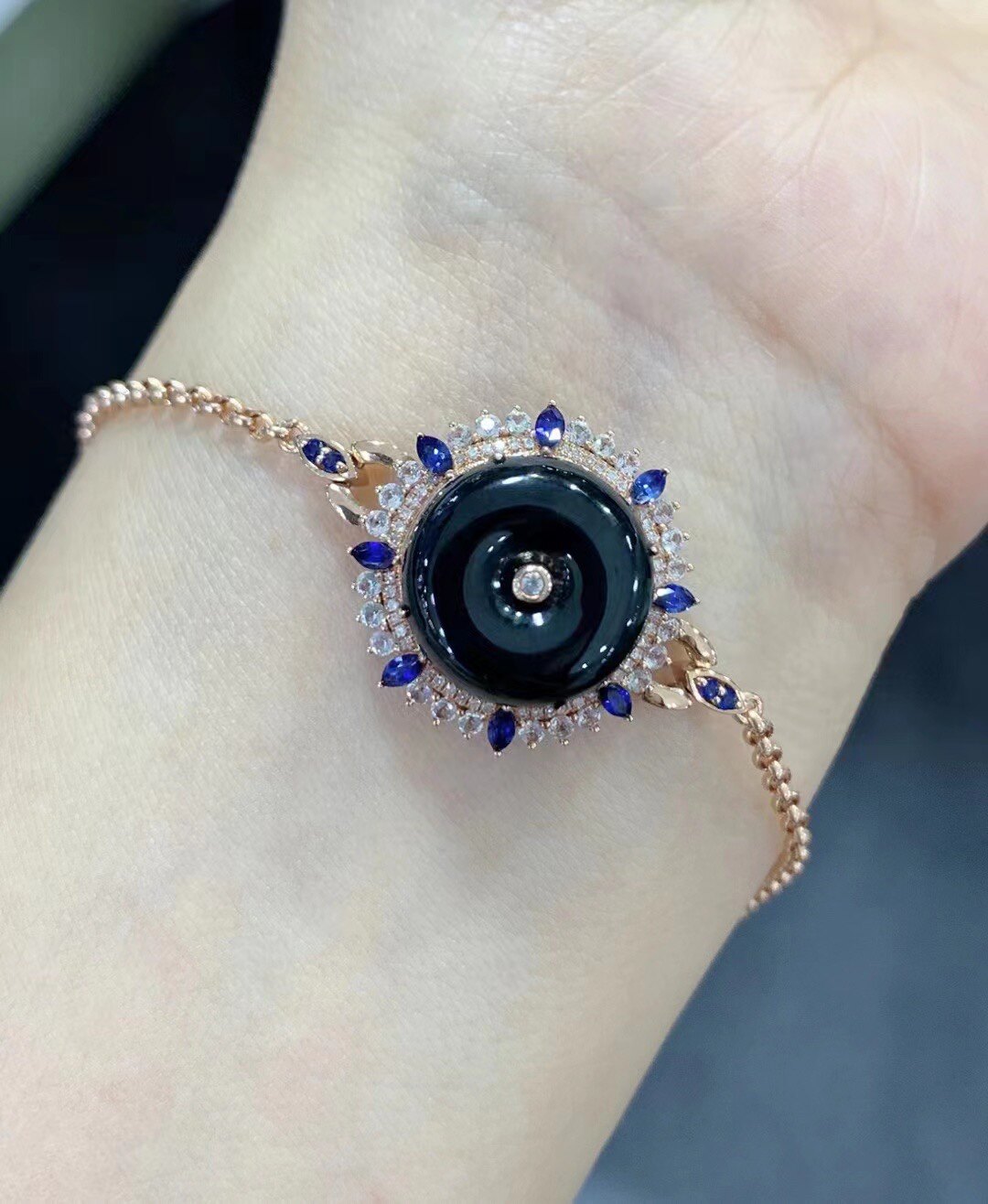 凝墨为翠家天然翡翠缅甸玉18k金镶嵌高冰墨翠平安扣女士手链