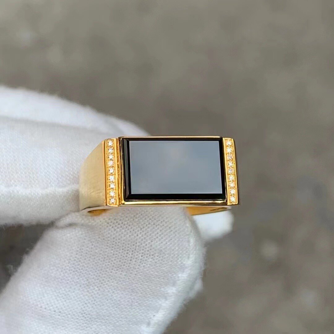 凝墨为翠家天然缅甸翡翠a货18k黄金镶嵌冰墨翠长方戒面男士戒指