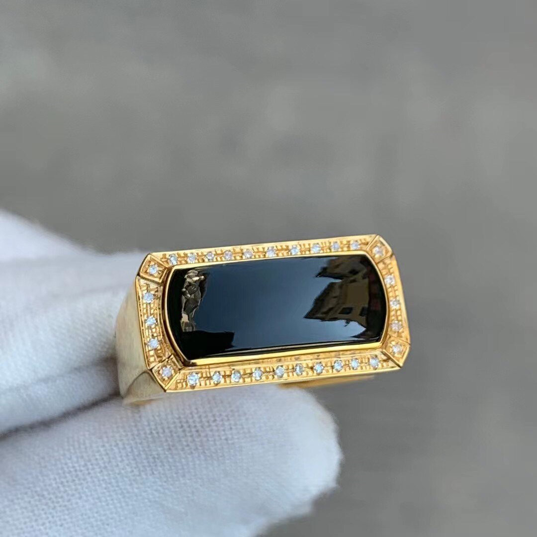 凝墨为翠家天然翡翠18k黄金加钻石镶男士长方形马鞍高冰墨翠戒指