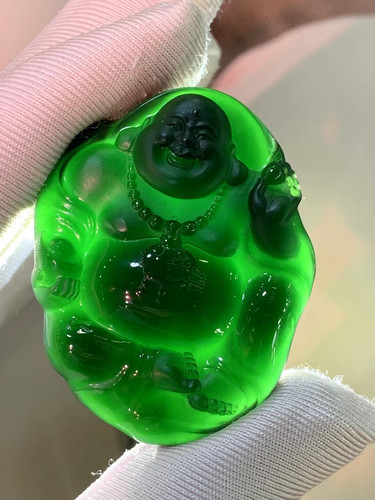 凝墨家天然缅甸翡翠冰种墨翠冰纯底子逍遥自在弥勒佛公女士挂件