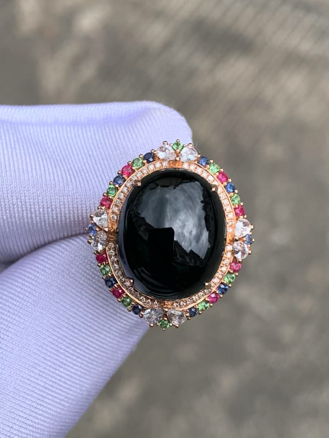 天然缅甸翡翠a货冰种墨翠蛋面戒指18k玫瑰金满彩宝镶嵌