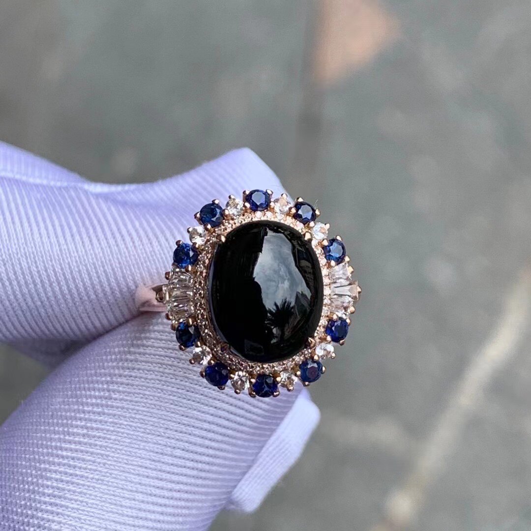 凝墨为翠家天然缅甸翡翠18k金加南非钻镶冰种墨翠蛋面女士戒指