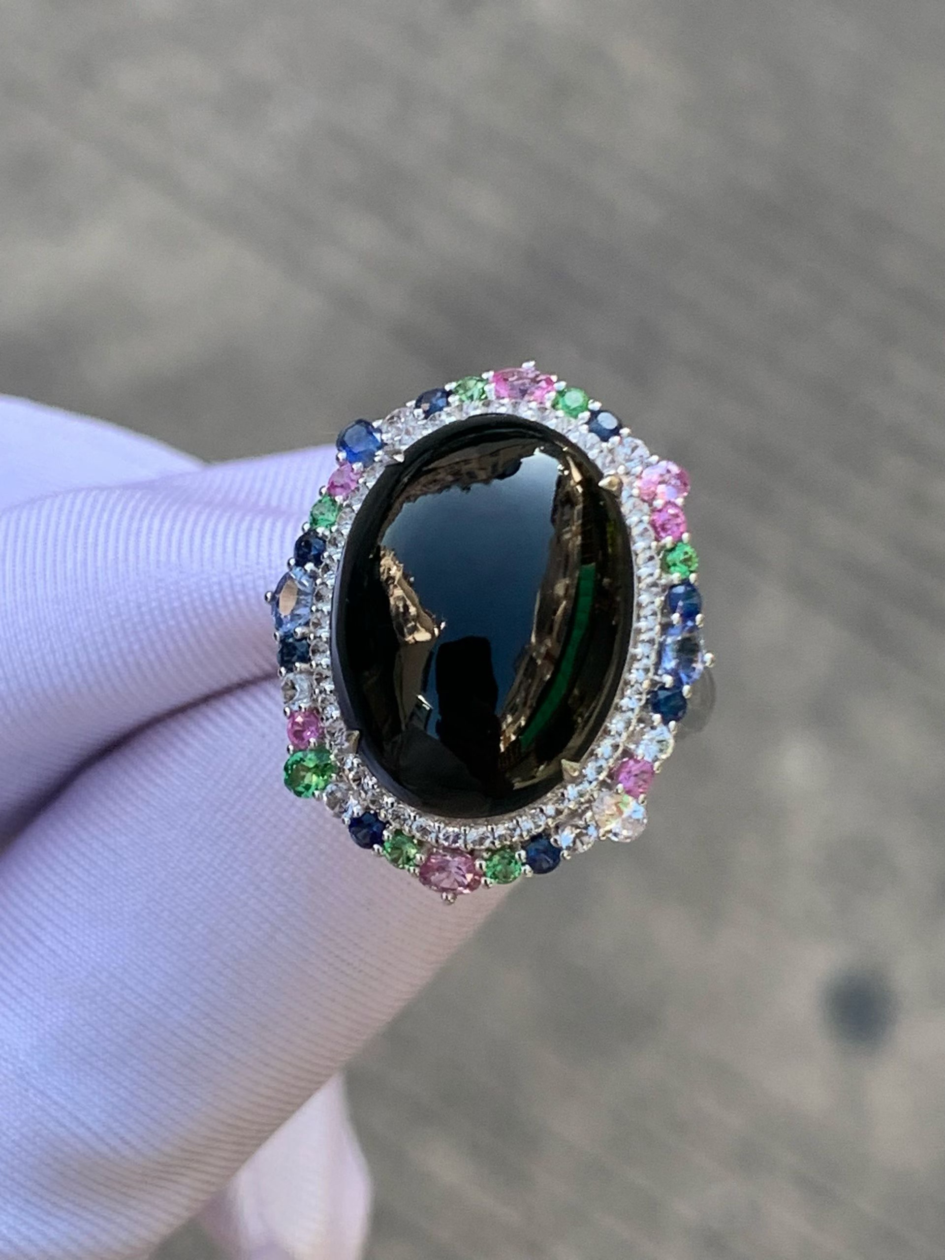 天然缅甸翡翠a货冰种墨翠蛋面吊坠戒指俩用款18k白金满彩宝镶嵌