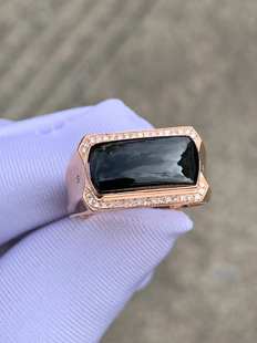 凝墨家天然缅甸翡翠18k玫瑰金镶嵌冰种墨翠马鞍男士戒指18圈口