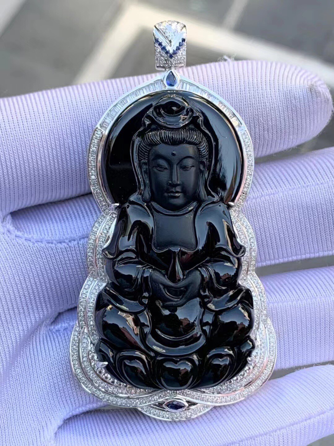 凝墨家天然缅甸翡翠18k白金豪华镶嵌冰种墨翠正装立体观音吊坠