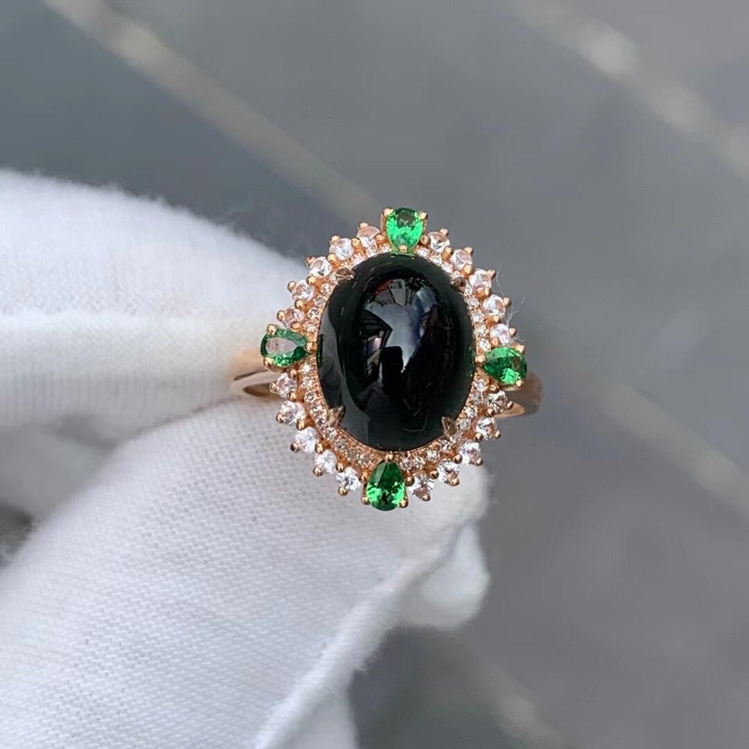 凝墨为翠家天然缅甸翡翠18k玫瑰金镶嵌冰种墨翠蛋面女士戒指