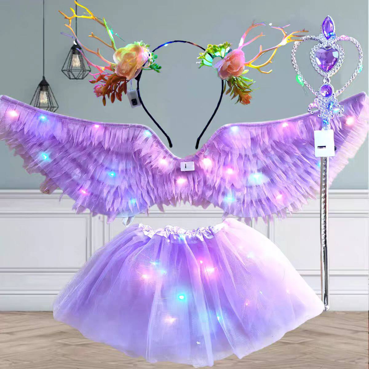 发光天使翅膀小女孩蝴蝶背饰闪光玩具奇妙仙子魔法棒花仙子四件套