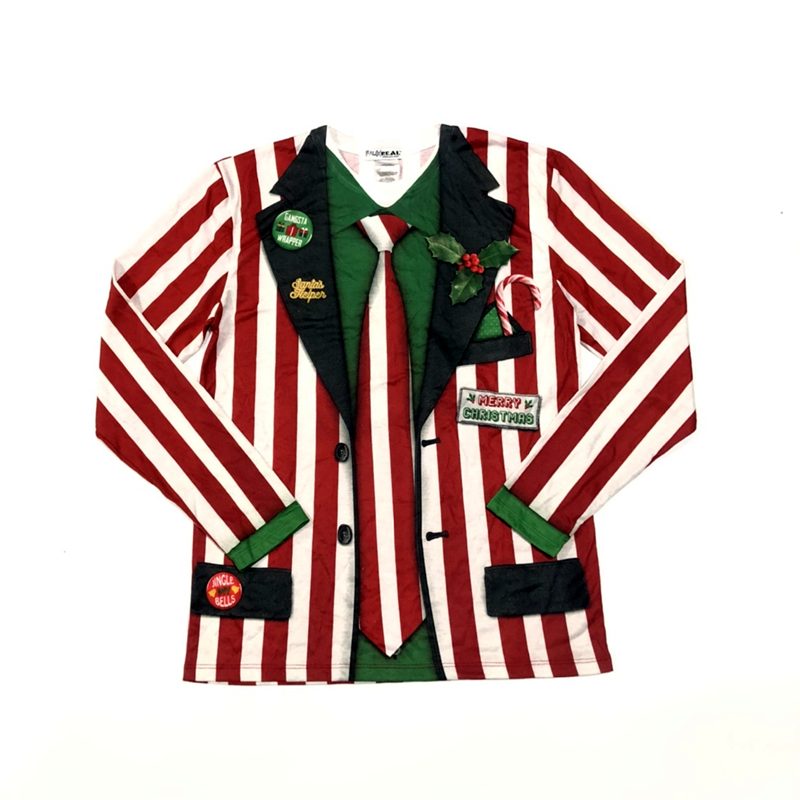 Men's Striped Xmas Suit Printed Long Sleeve T-Shirt圣诞节T恤