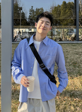 蓝色条纹翻领衬衫男生少年感日系休闲百搭长袖衬衣外套男春季新款