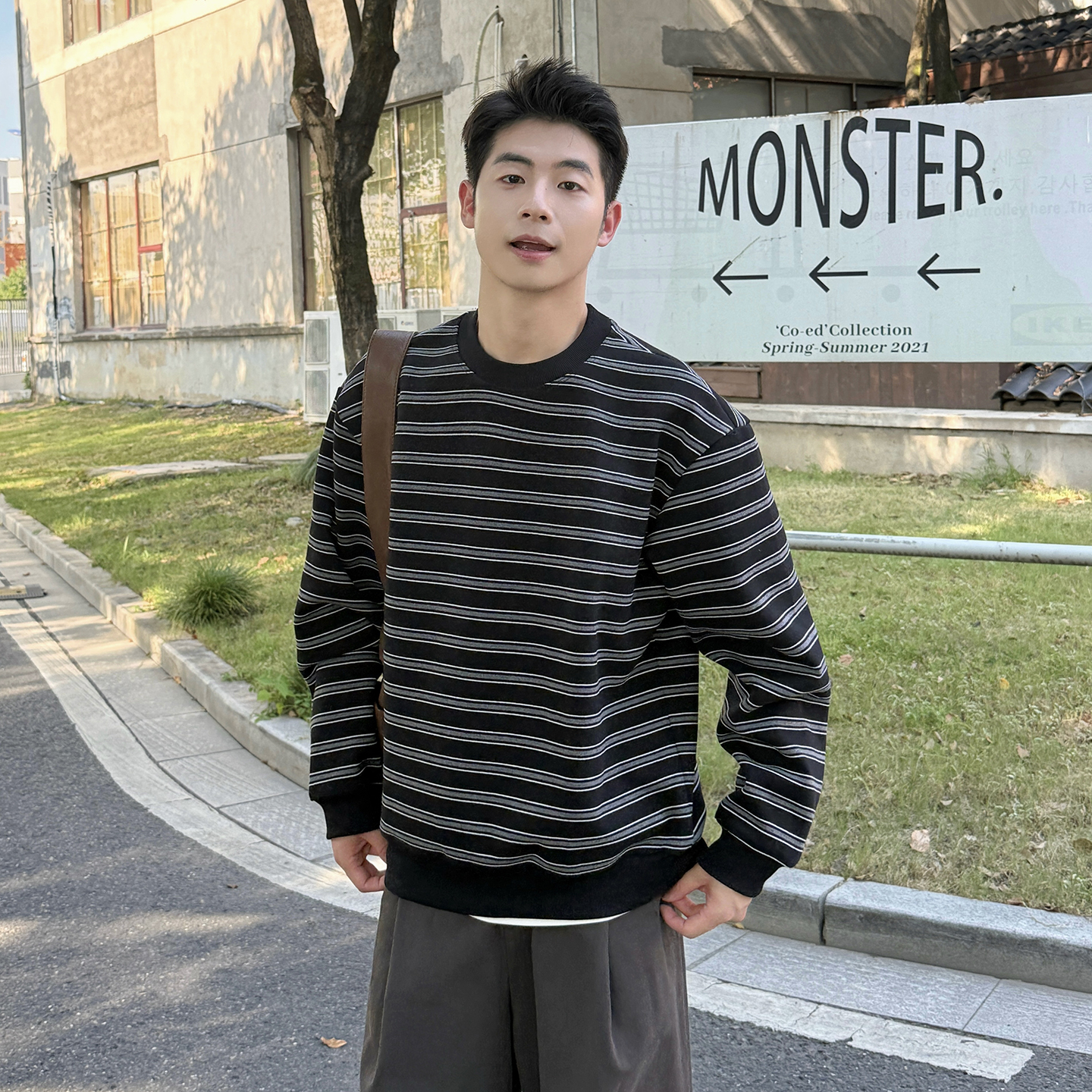 420g重磅黑色圆领条纹长袖卫衣男生2025新款秋季休闲宽松上衣外套