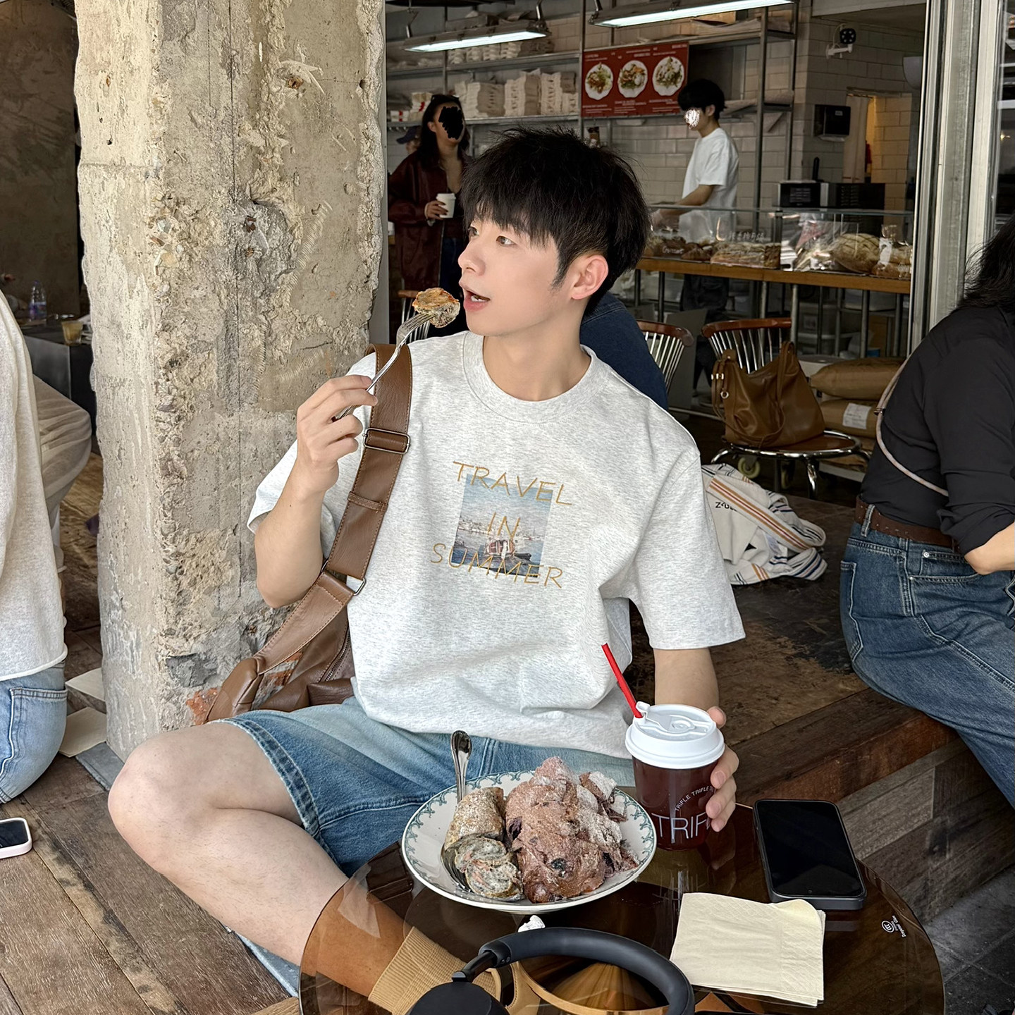 240g复古油画印花刺绣短袖T恤男夏季宽松休闲慵懒风圆领半袖上衣