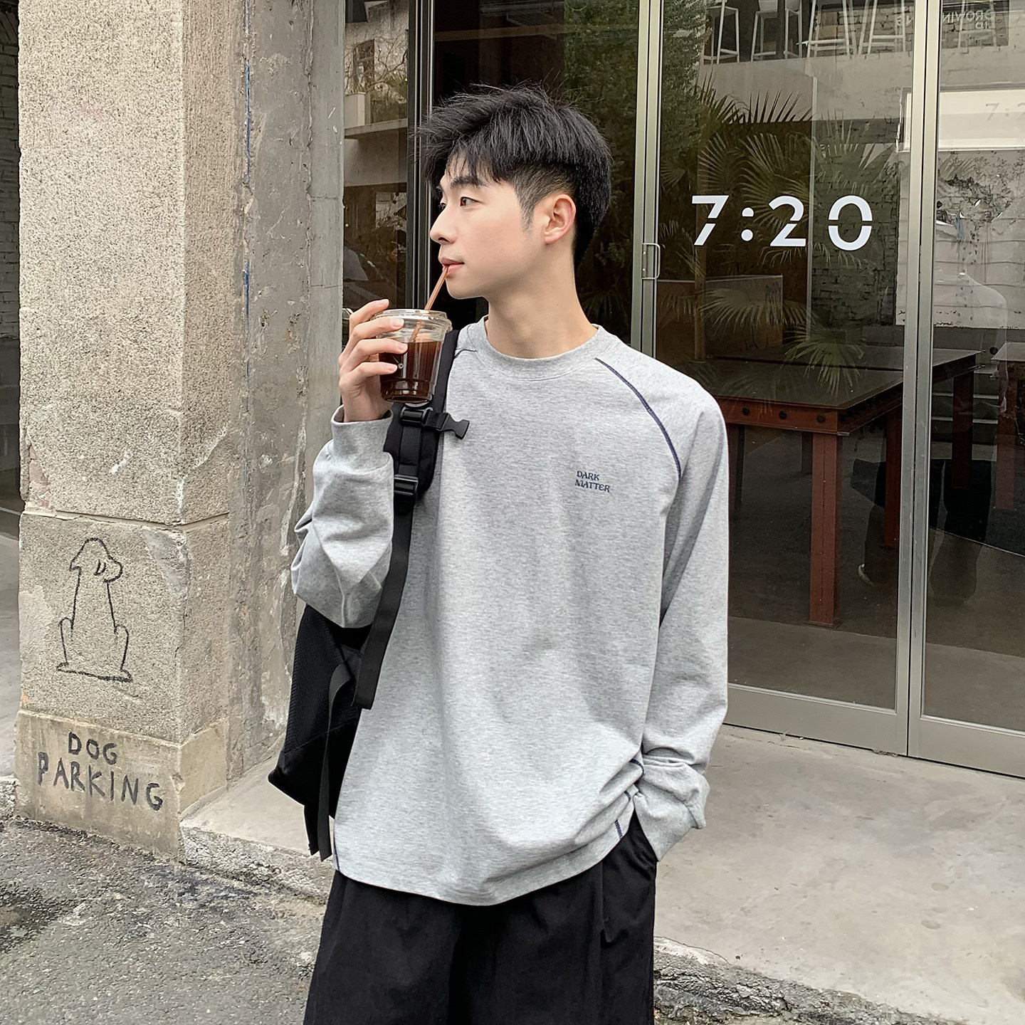【凉感索罗娜】250g明辑线印花圆领长袖T恤男生秋季宽松运动上衣