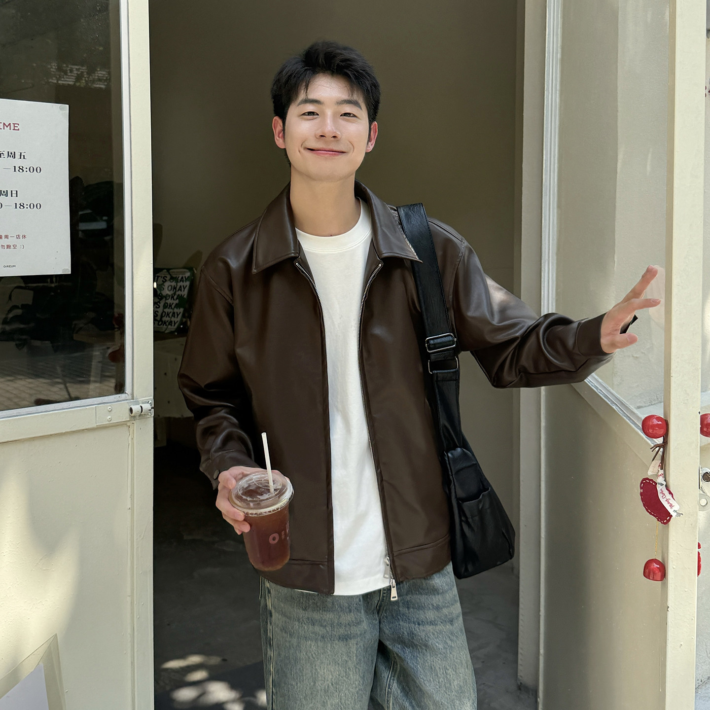 暗物质咖啡色翻领短款皮衣男生2025新款秋季休闲宽松防风夹克外套