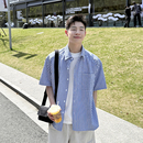 百搭宽松休闲衬衣上衣外套 蓝色基础格子衬衫 短袖 男生2025新款 夏季