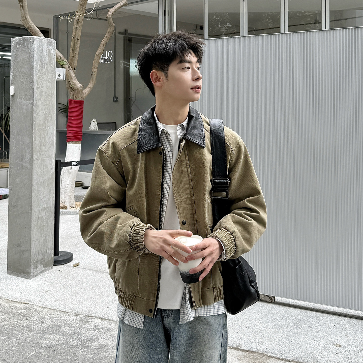 【撞色拼接】2026秋季新款pu皮复古翻领夹克男款宽松休闲工装外套图片