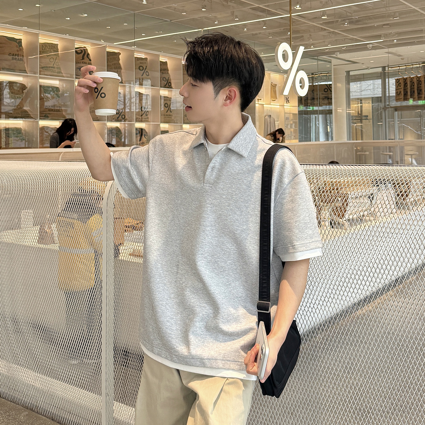 【简约假两件】250gPolo领灰色短袖T恤男生夏季宽松休闲半袖上衣