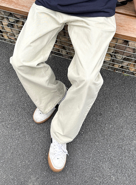 米白色直筒纯棉牛仔裤男生2025新款秋季休闲宽松浅色百搭长裤子