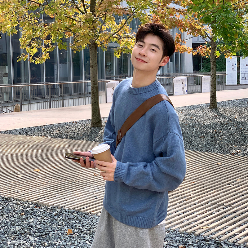 宽松慵懒纯色套头圆领毛衣针织