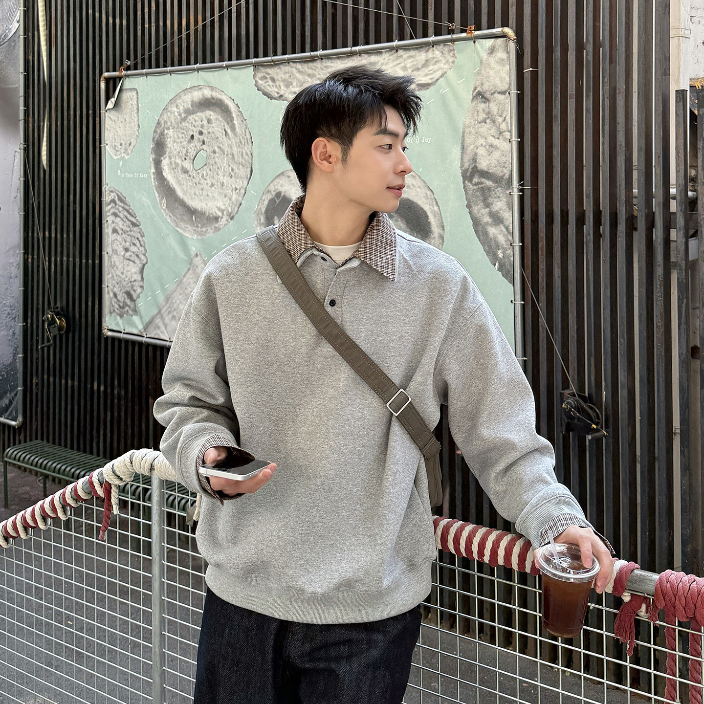 400g重磅灰色格子假两件卫衣男春季宽松休闲衬衫领套头长袖上衣