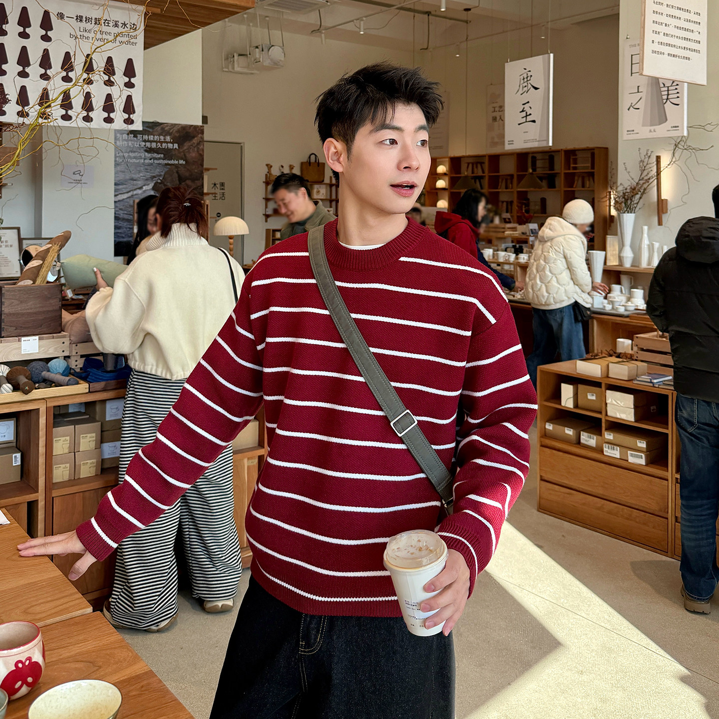 红色圆领条纹本命年红毛衣春季新款宽松保暖套头针织衫长袖内搭男,男装,针织衫/毛衣,淘宝优惠券,粉丝福利购,淘宝优惠卷