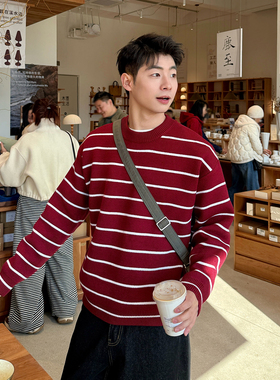 红色圆领条纹本命年红毛衣春季新款宽松保暖套头针织衫长袖内搭男