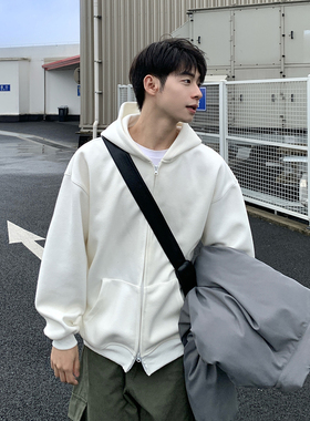420g重磅白色开衫连帽卫衣内搭男2025新款秋冬宽松保暖上衣外套
