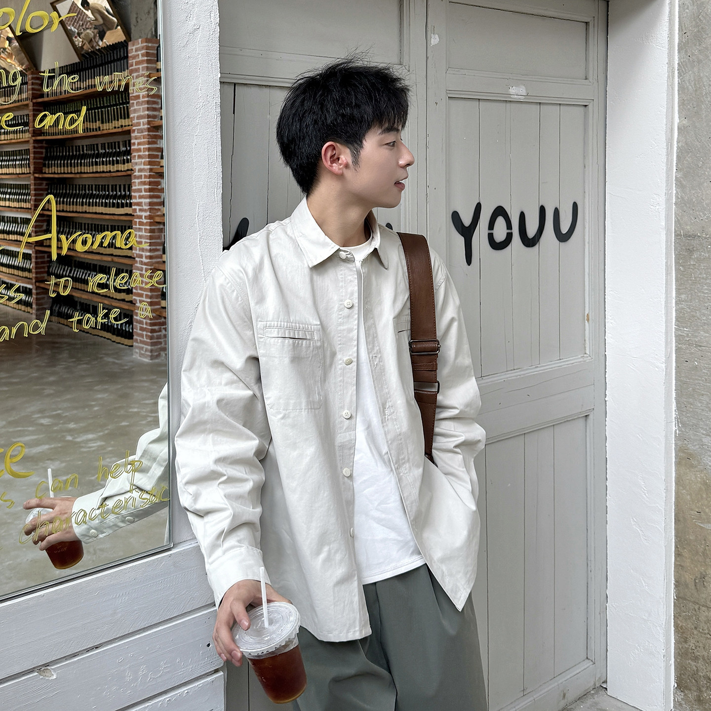 春季日系工装风翻领衬衫男复古基础款纯棉休闲长袖衬衣外套男生