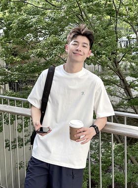 240g索罗娜白色凉感印花短袖T恤男生2025新款夏季宽松休闲上衣