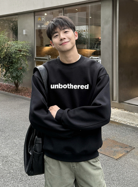 540g重磅黑色圆领加绒字母刺绣卫衣男秋冬季保暖上衣长袖2025新款