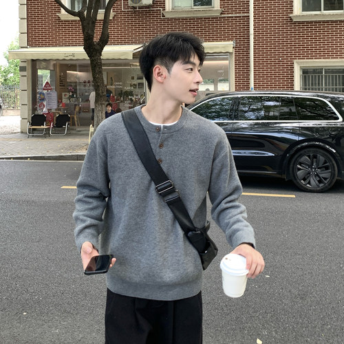 灰色亨利领加厚毛衣内搭男生秋冬季2025新款宽松高级感针织衫上衣