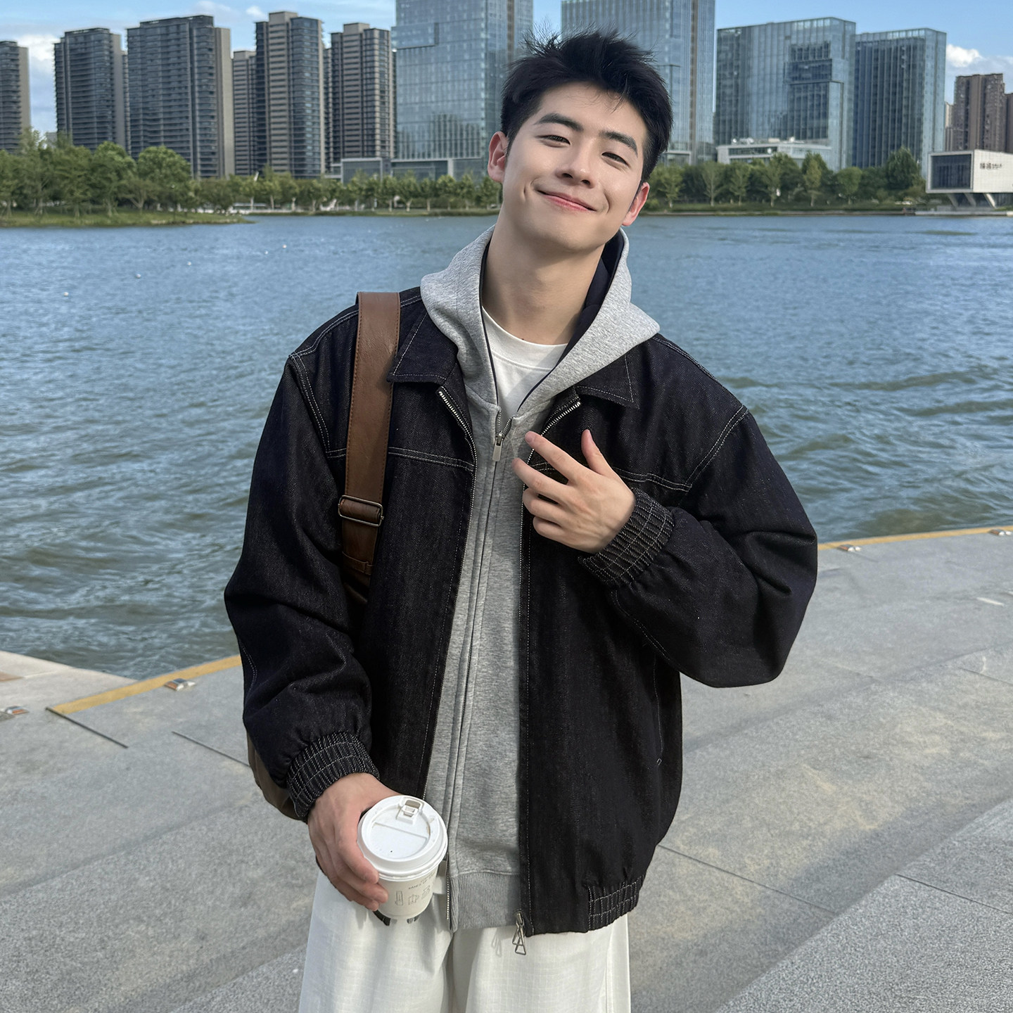 深蓝色翻领复古水洗牛仔夹克外套男生2025新款秋季宽松上衣工装