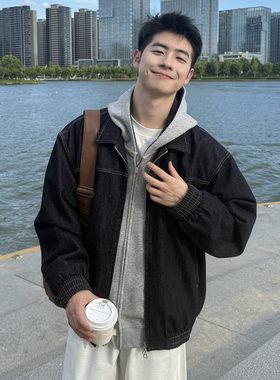 深蓝色翻领复古水洗牛仔夹克外套男生2025新款秋季宽松上衣工装