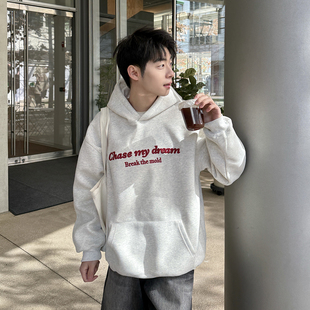 400g重磅白花灰色字母刺绣连帽卫衣男生春季新款宽松休闲外套男