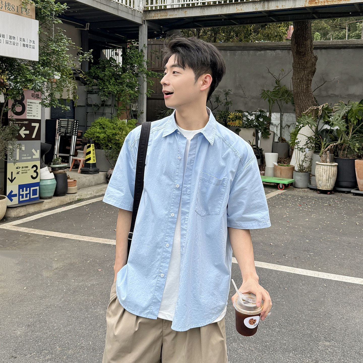 暗物质纯棉翻领蓝色短袖衬衫男夏季新款少年感宽松休闲衬衣薄外套