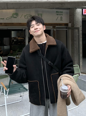 黑色复古翻领新款冬季羊羔绒麂皮加厚外套男款冬装短款夹克棉服男