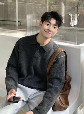 灰色明线翻领加厚羊毛毛衣男生2025新款秋冬季保暖上衣针织衫内搭