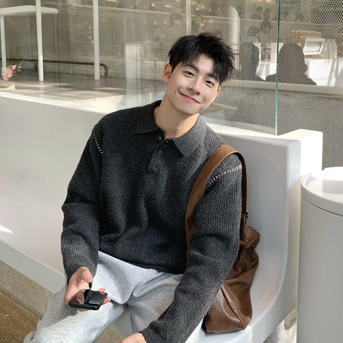 灰色明线翻领加厚羊毛毛衣男生2025新款秋冬季保暖上衣针织衫内搭