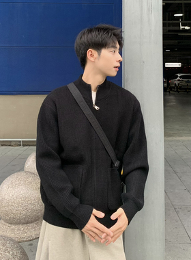 黑色立领针织开衫毛衣男新款秋冬季保暖宽松拉链针织衫外套内搭