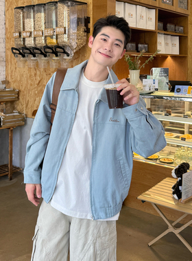 暗物质蓝色字母刺绣日系牛仔工装夹克男生2025新款秋季休闲外套