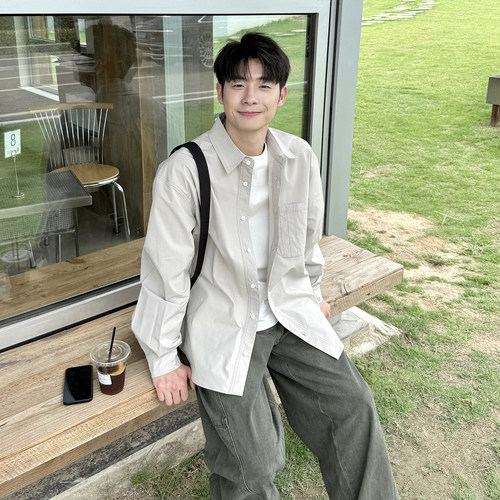 灰色翻领长袖衬衫男生2025新款秋季外搭纯色衬衣宽松工装休闲外套