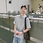 260g浅灰色V领纯色POLO衫 宽松上衣套头 夏季 短袖 T恤男生2026新款