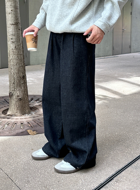 深蓝色水洗复古宽松直筒牛仔裤男生2025新款秋季百搭休闲长裤子潮