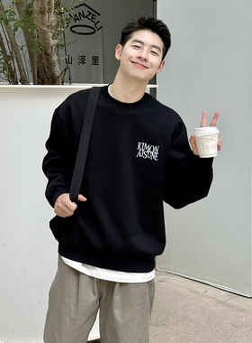 420g重磅黑色字母刺绣圆领套头长袖卫衣男生2025新款秋季宽松外套