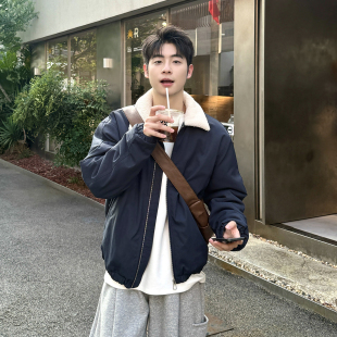 韩系加厚保暖棉袄外套 冬季 藏青色翻领羊羔绒夹克棉服男款 2025新款