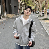 春秋季 420g灰色连帽卫衣开衫 男生2026新款 百搭纯色外套上衣休闲