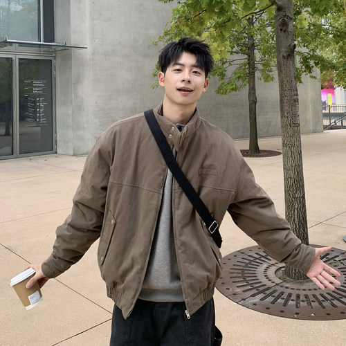 复古立领短款夹克棉服男生2025新款冬季宽松工装美式外套加厚棉袄