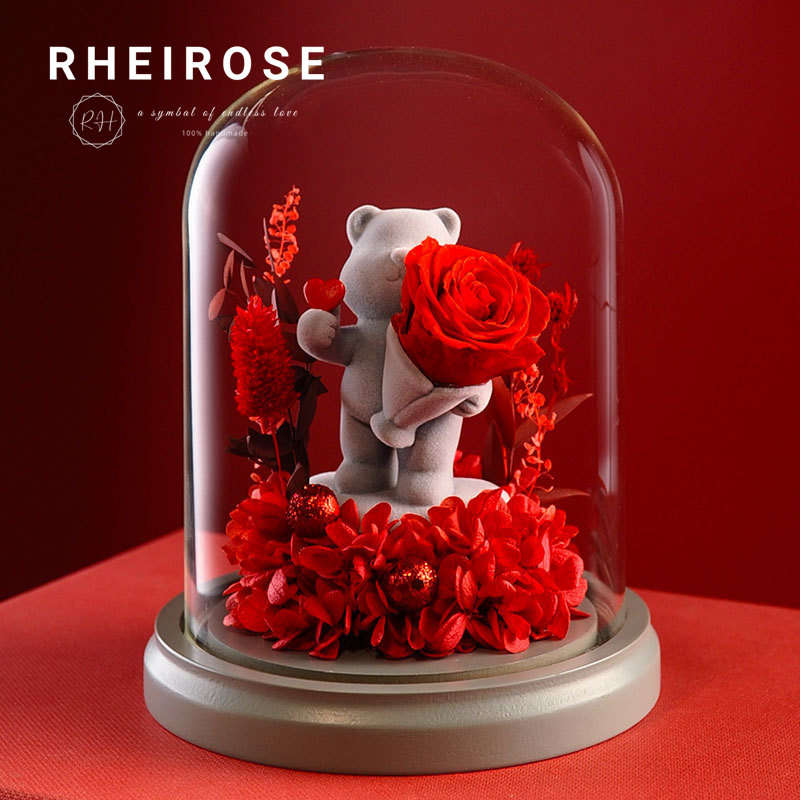 H053植绒小熊玫瑰永生花玻璃罩摆件 送女友闺蜜表白情人节礼物