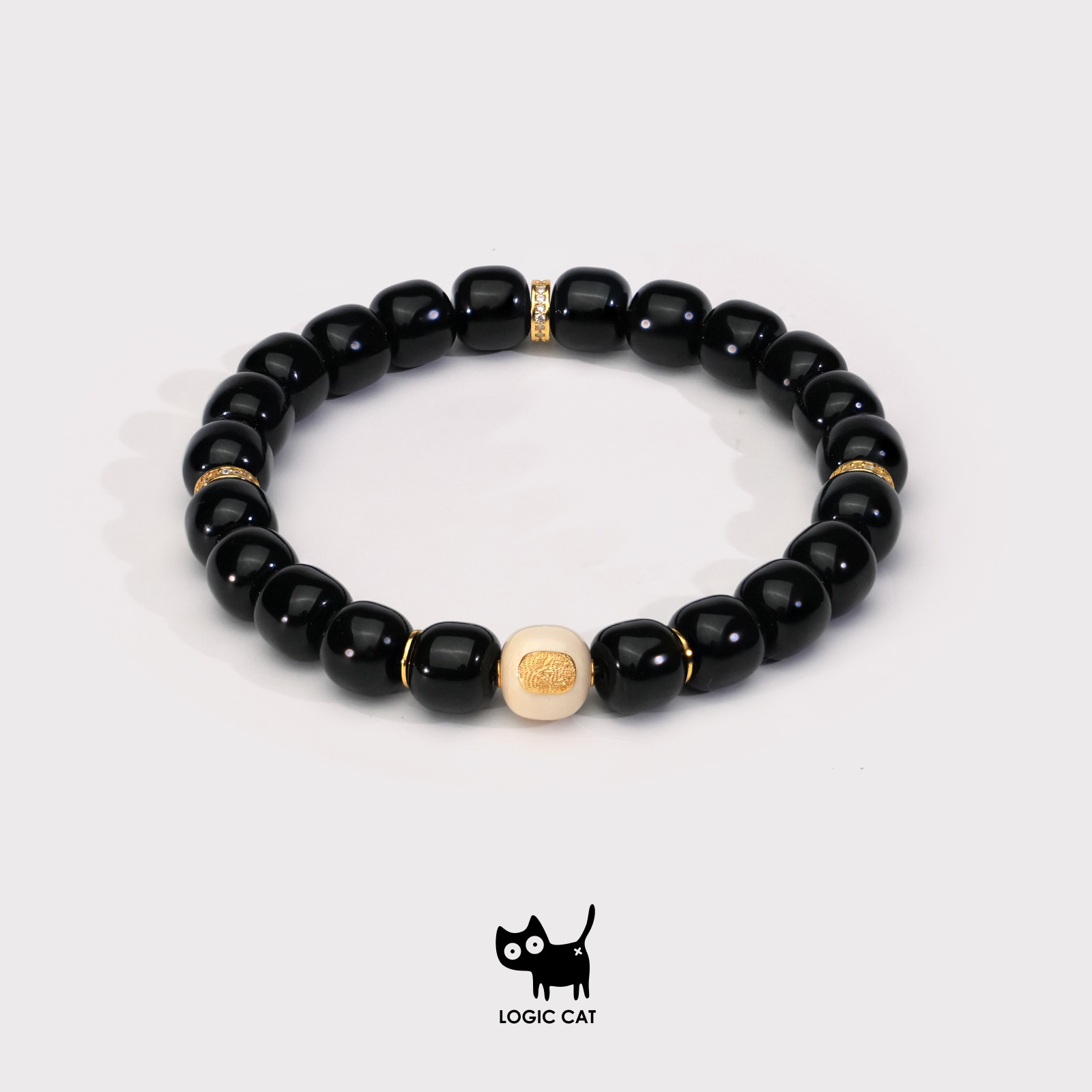 Logic Cat 黑玛瑙扎基拉姆猛犸牙925纯银镀金锆石9.5mm男女手串